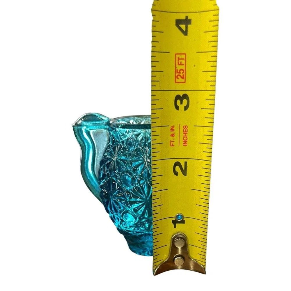 Vintage Teal Blue Pressed Glass Creamer Pitcher Vase Starburst Pattern 3